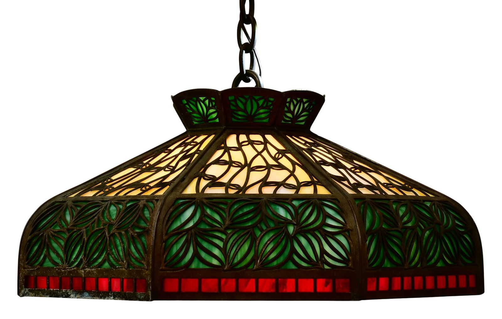 Bradley & Hubbard Arts & Crafts Overlay Chandelier: Bradley & Hubbard Mfg. Co.(Meriden, CT, 1852-1940)Arts & Crafts Overlay Chandelierearly 20th centuryslag glass, patinated metal43 x 24 inchesProvenance: Property from a Massachusetts Collector