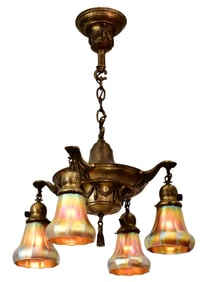 American Gilt Brass Four-Light Chandelier with Steuben Art Glass Shades
