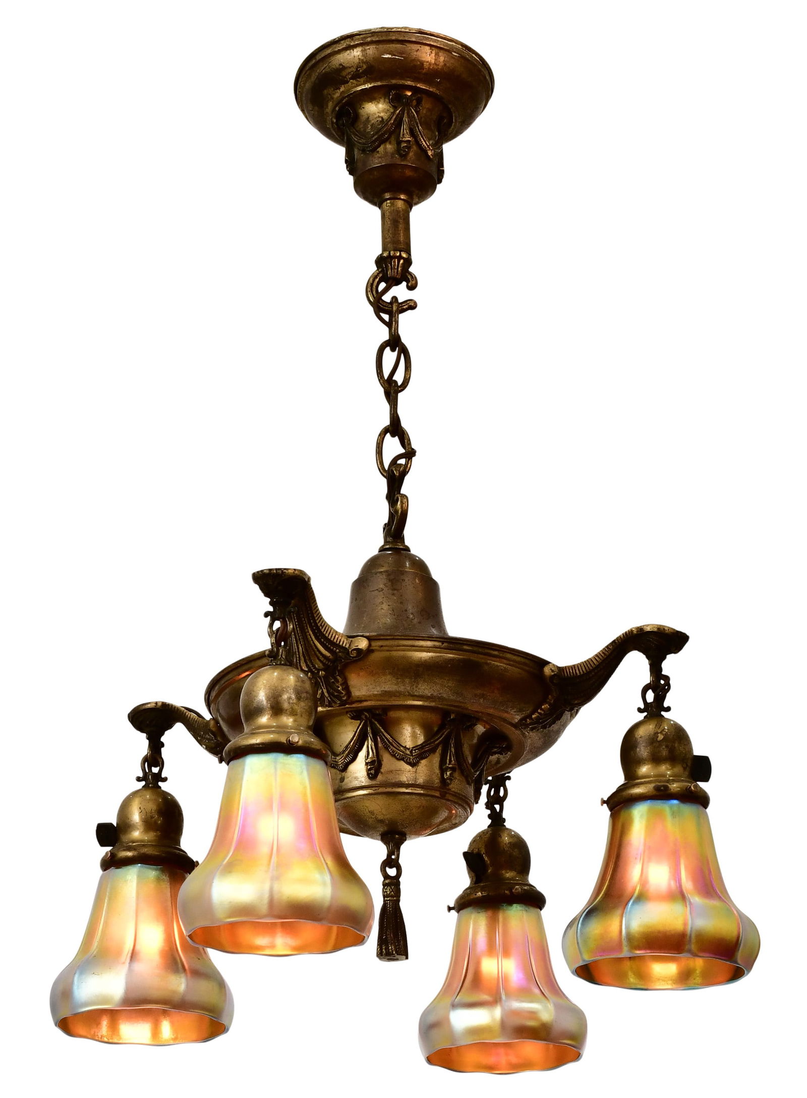 American Gilt Brass Four-Light Chandelier with Steuben Art Glass Shades: American Gilt Brass Four-Light Chandelier with Steuben Art Glass Shadesearly 20th century28 1/2 x 16 inchesProvenance: Property from a Massachusetts Collector