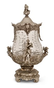 A Large Continental Silvered Bronze & Glass Figural Punch Bowl