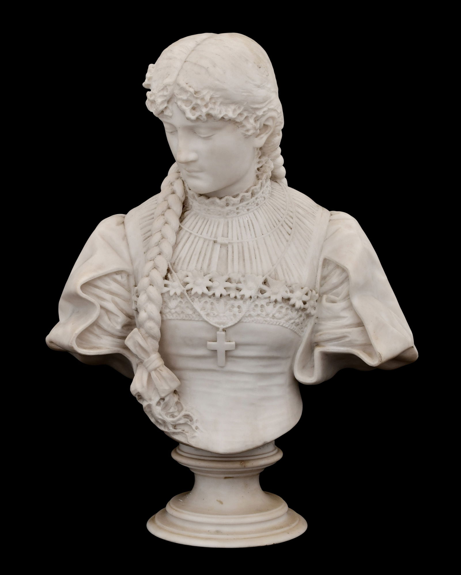 Galleria Lapini, Firenze, Marble Bust of a Woman: Galleria Lapini, Firenze, Marble Bust of a Womanlate 19th centuryon a circular spreading socle, marked "Galleria Lapini, Firenze"23 x 19 x 11 1/2 inchesProvenance: Private Collection, Boston, Massachu