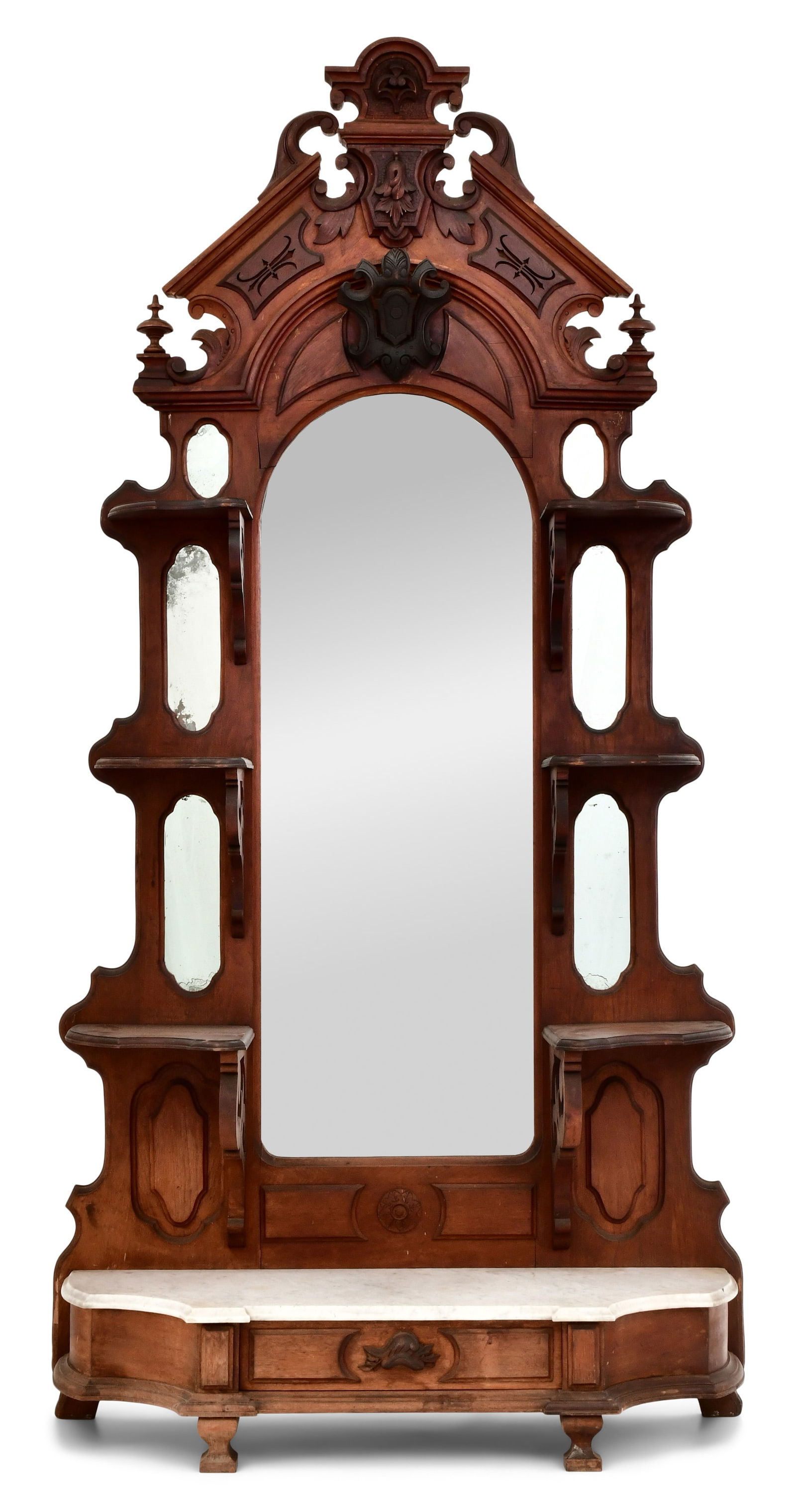 American Victorian Walnut Etagere with Marble Top: American Victorian Walnut Etagere with Marble Top19th centurythe arched top with broken pediment crest, raised carved panels, three shelves on either side of the mirror with pierced carved supports, b