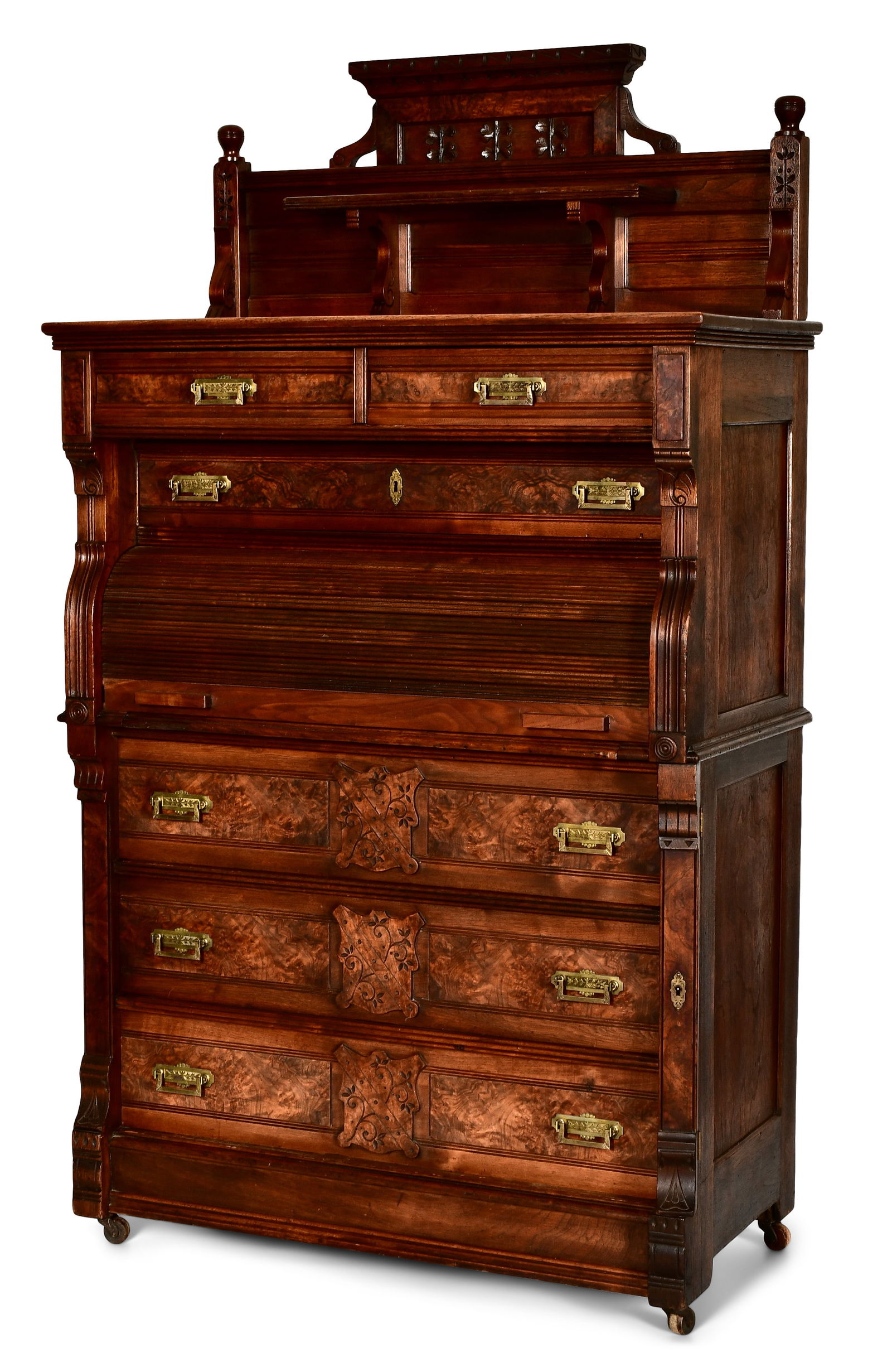 American Eastlake Walnut Lockside Rolltop Secretary Desk: American Eastlake Walnut Lockside Rolltop Secretary Desklate 19th century68 x 38 x 19 1/2 inchesProvenance: Private Collection, South Dakota