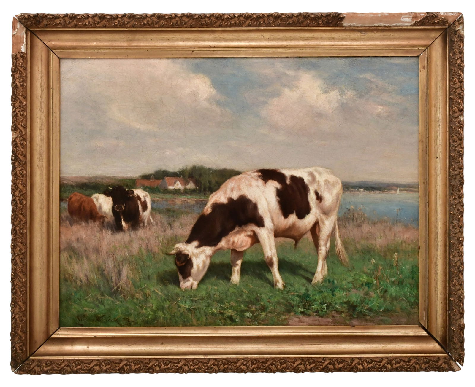 William Henry Howe (American, 1846-1929), Cows Grazing by the Water: William Henry Howe(American, 1846-1929)Cows Grazing by the Wateroil on canvassigned and dated "William H. Howe, '97"17 1/2 x 23 1/2 inches (sight)23 x 29 inches (frame)