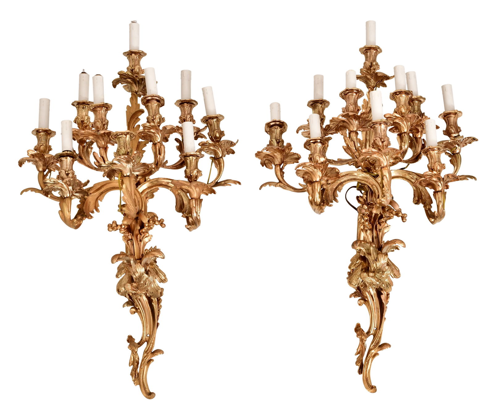 Set of Two French Gilt Bronze Wall Sconces: Set of Two French Gilt Bronze Wall Sconcesmid-20th century37 x 22 x 20 inchesProvenance: Private Collection, Boston, Massachusetts