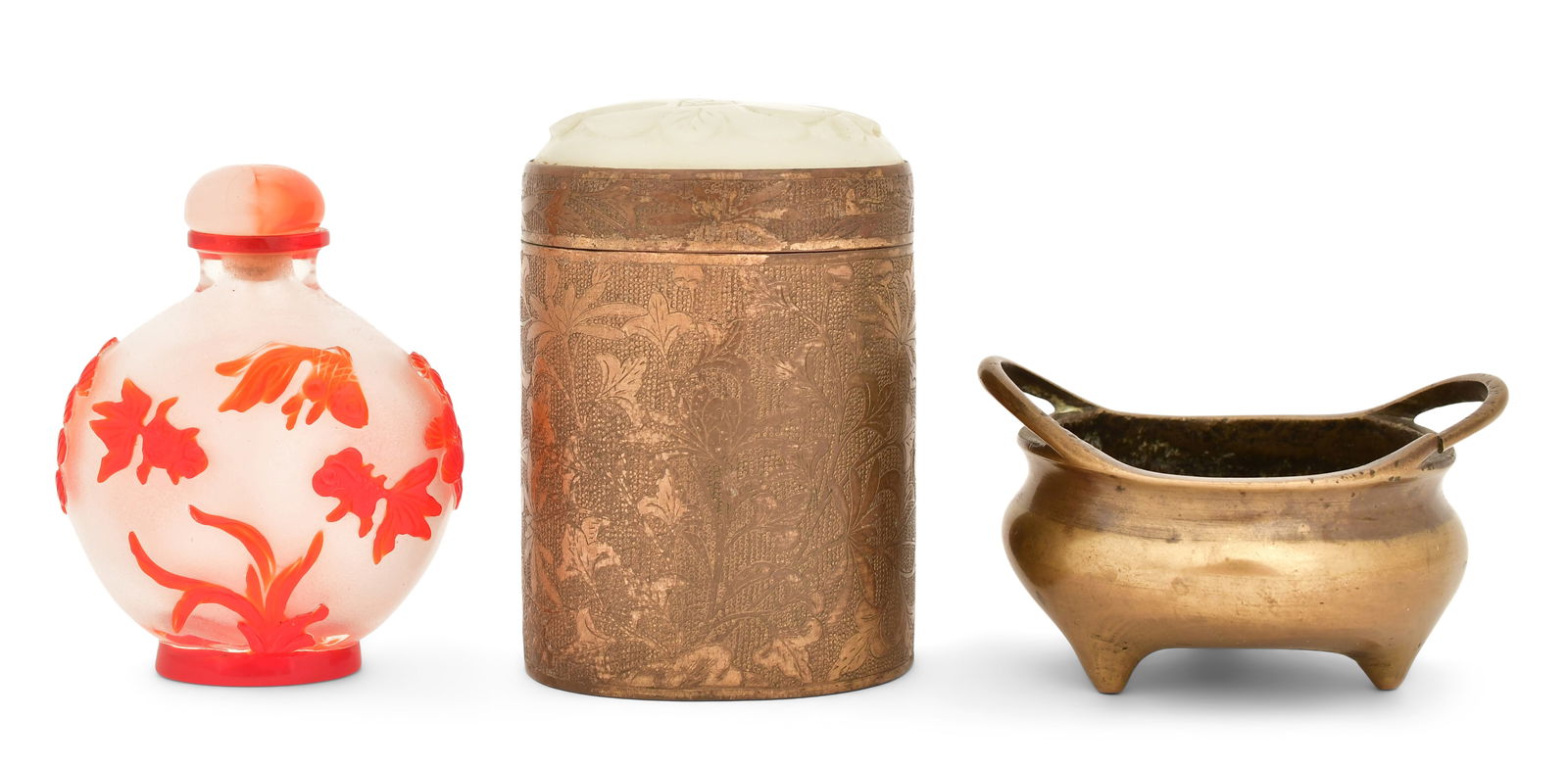 A Chinese Red Overlay White Glass Snuff Bottle, a Chinese Brass Box with Carved Jade Cover, and a: A Chinese Red Overlay White Glass Snuff Bottle, a Chinese Brass Box with Carved Jade Cover, and a Chinese Bronze Incense Burner Pot19th/20th century3 1/4 x 2 1/4 x 2 inchesProvenance: Private Collecti