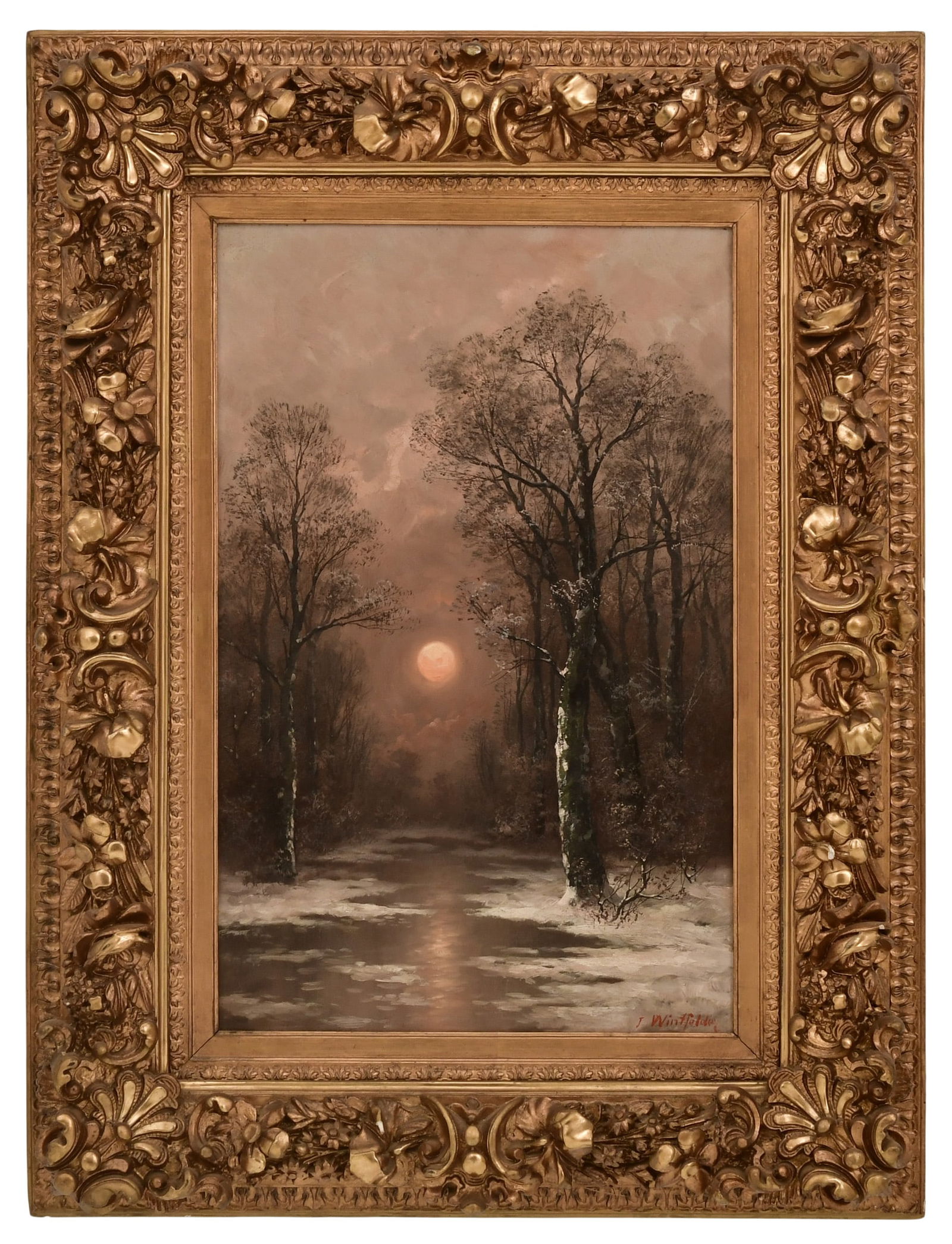 Snowy Moonlit Landscape, Oil on Canvas, 19th Century, Signed "J. Windfelder": Snowy Moonlit Landscape, Oil on Canvas, 19th Century, Signed "J. Windfelder" 28 1/4 x 17 3/4 inches (sight) 42 x 31 1/2 inches (frame) Provenance: Private Collection, Pennsylvania