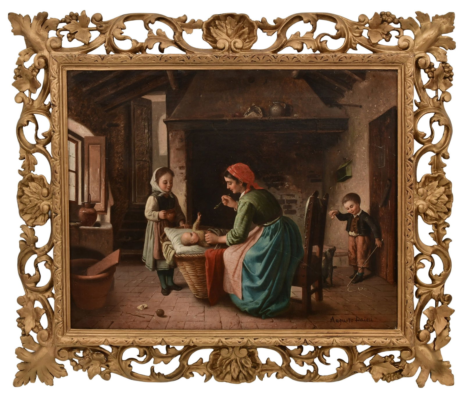 Augusto Daini (Italian, 1860-1920), Interior Scene with a Mother & Children: Augusto Daini (Italian, 1860-1920) Interior Scene with a Mother & Children oil on canvas signed "Augusto Daini" (lower right) 19 x 24 inches (sight) 28 x 33 inches (frame)
