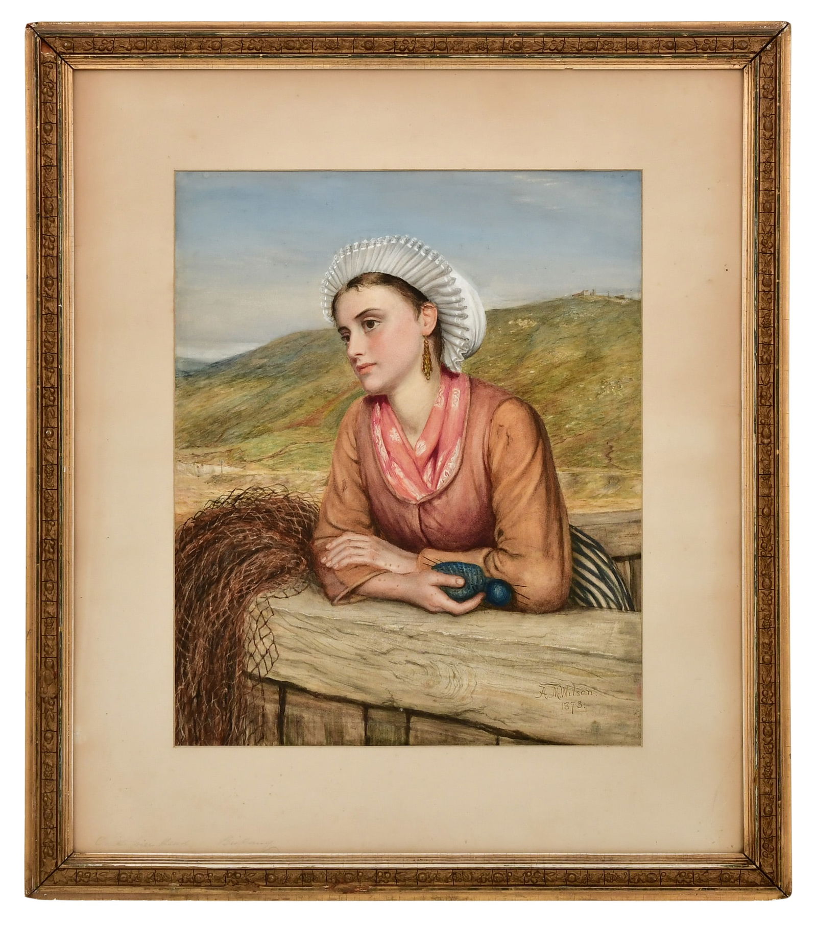 A.M. Wilson, Portrait of a Girl, Watercolor on Paper, Signed and dated "A.M. Wilson, 1873": A.M. Wilson, Portrait of a Girl, Watercolor on Paper, Signed and dated "A.M. Wilson, 1873" 21 x 16 3/4 inches (sight) 32 x 27 3/4 inches (frame) Provenance: Private Collection, New Jersey