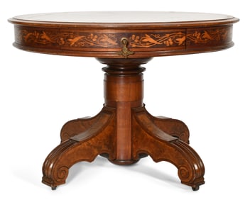 American Victorian Inlaid & Burl Walnut Round Table