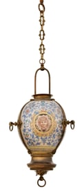American Victorian Brass & Hand-Painted Glass Ceiling Light