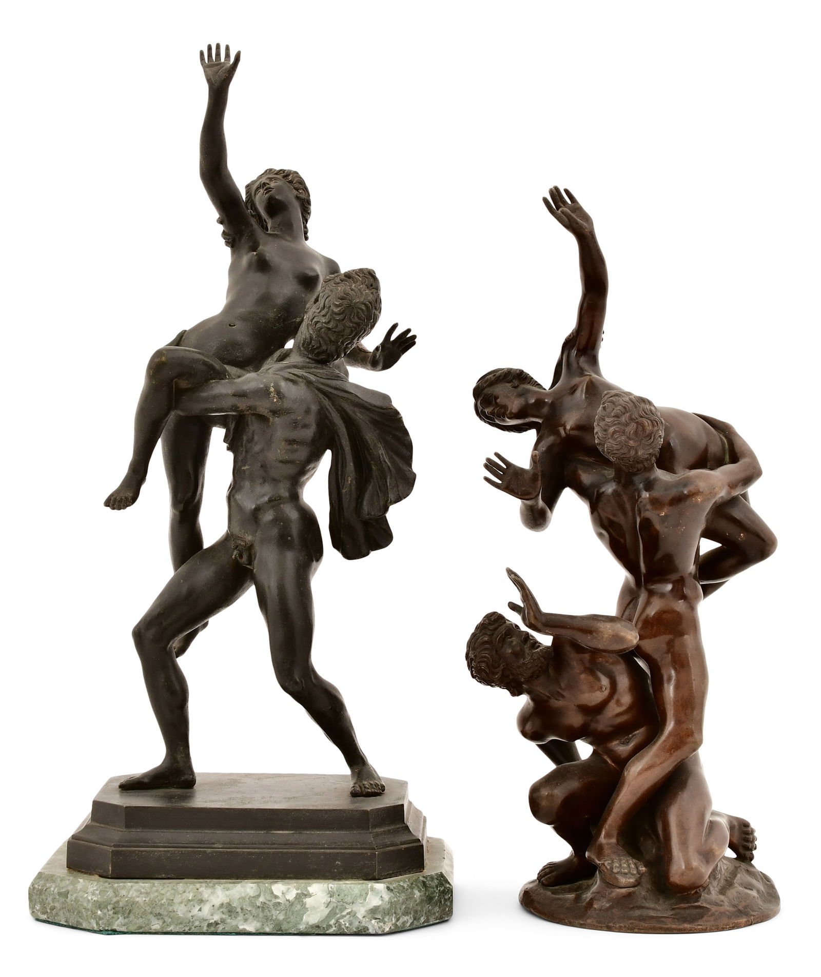 After Giambologna (Italian, 1529-1608), "The Rape of the Sabine Women" Bronze Sculptures: After Giambologna (Italian, 1529-1608) "The Rape of the Sabine Women" late 19th/early 20th century patinated bronze sculptures 15 x 7 x 5 1/4 inches (large) 12 1/4 x 5 inches (small) Provenance: