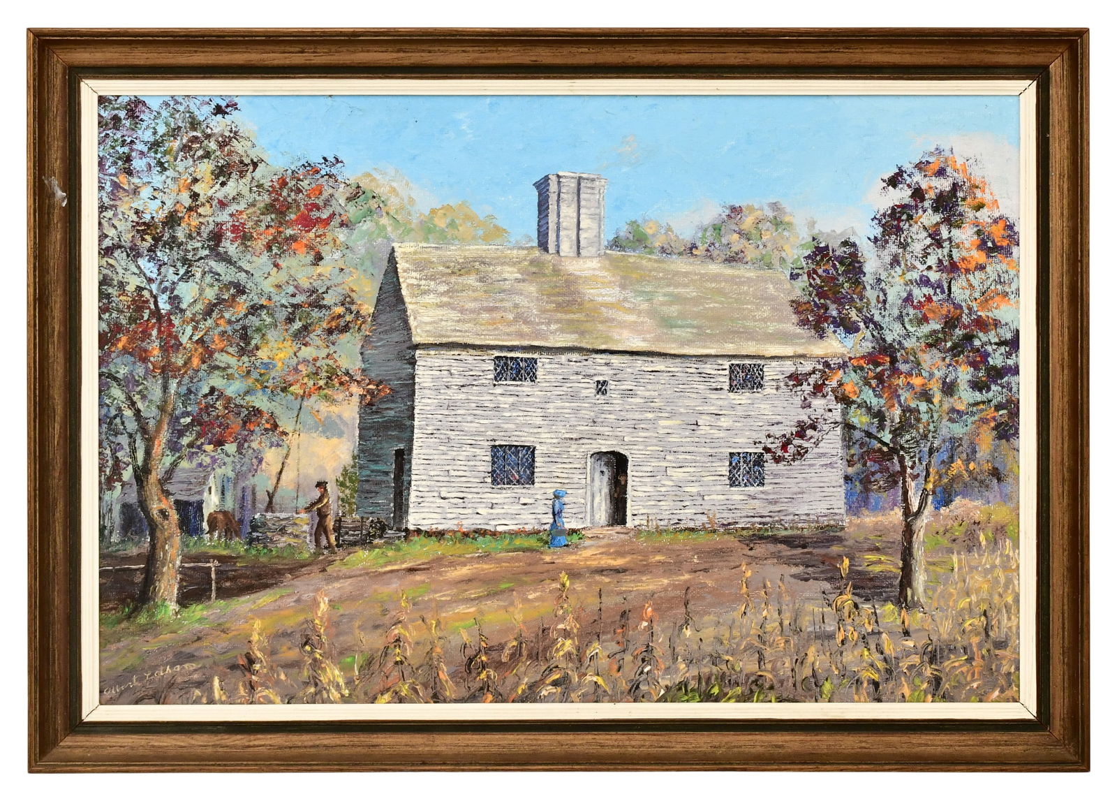 Albert Latham (American, 1909-1976), "Early Settler Days": Albert Latham (American, 1909-1976) "Early Settler Days" oil on board signed "Albert Latham" (lower left) 19 1/4 x 29 1/4 inches (sight) 23 1/2 x 33 1/2 inches (frame)