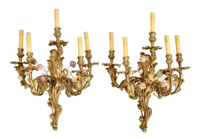 Set of Two French Late 20th Century Gilt Bronze Five-Light Scones