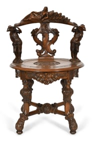 Italian Renaissance Revival Walnut Figural Swivel Armchair