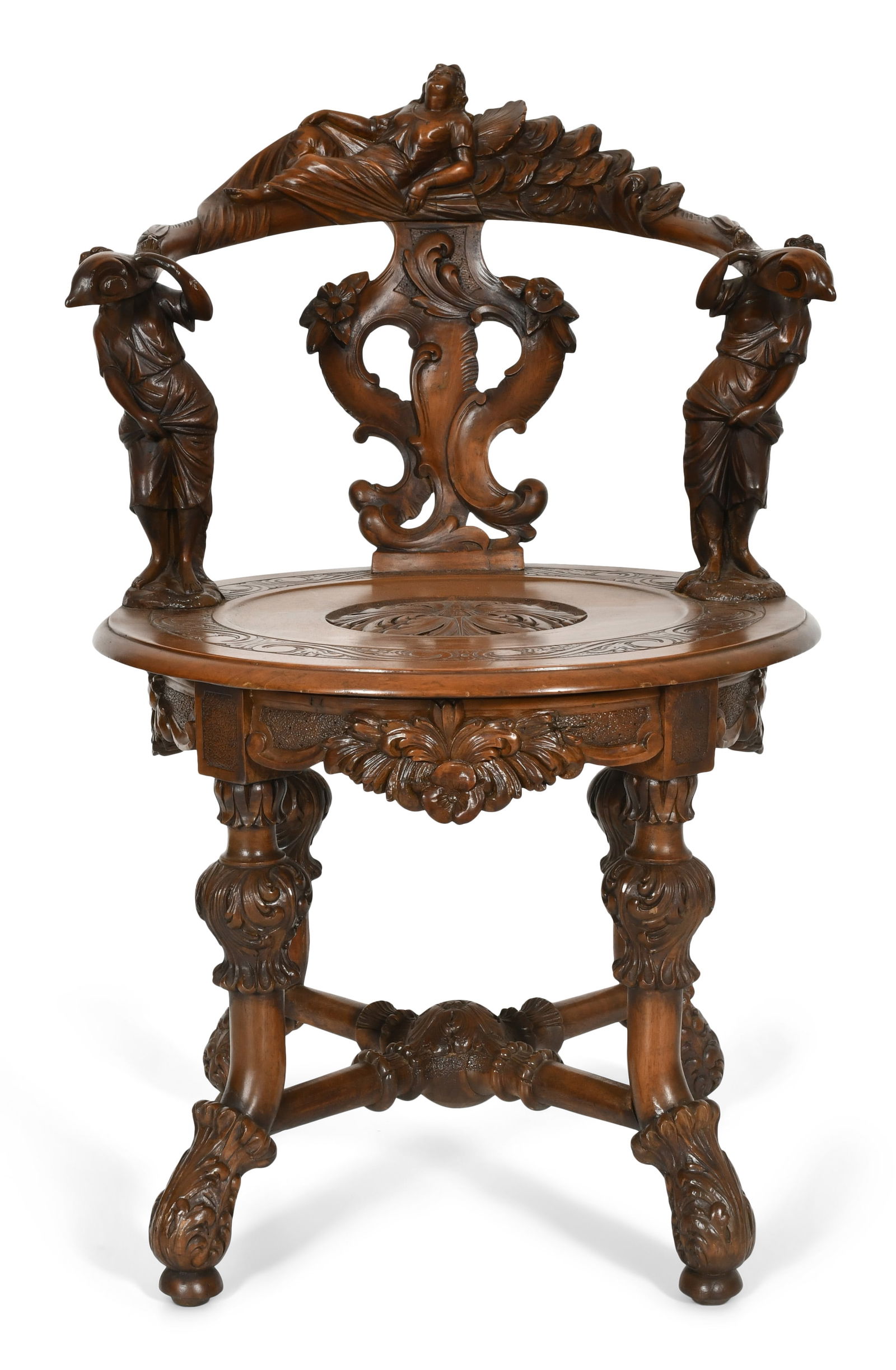 Italian Renaissance Revival Walnut Figural Swivel Armchair: Italian Renaissance Revival Walnut Figural Swivel Armchair 19th century the back depicting two maidens carrying a reclined angel 35 x 22 x 22 inches Provenance: Private Collection, Boston,