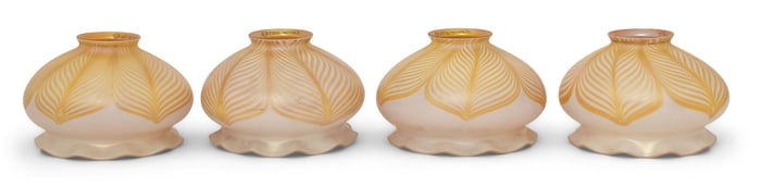 Four Quezal Art Glass "Pulled Feather" Shades