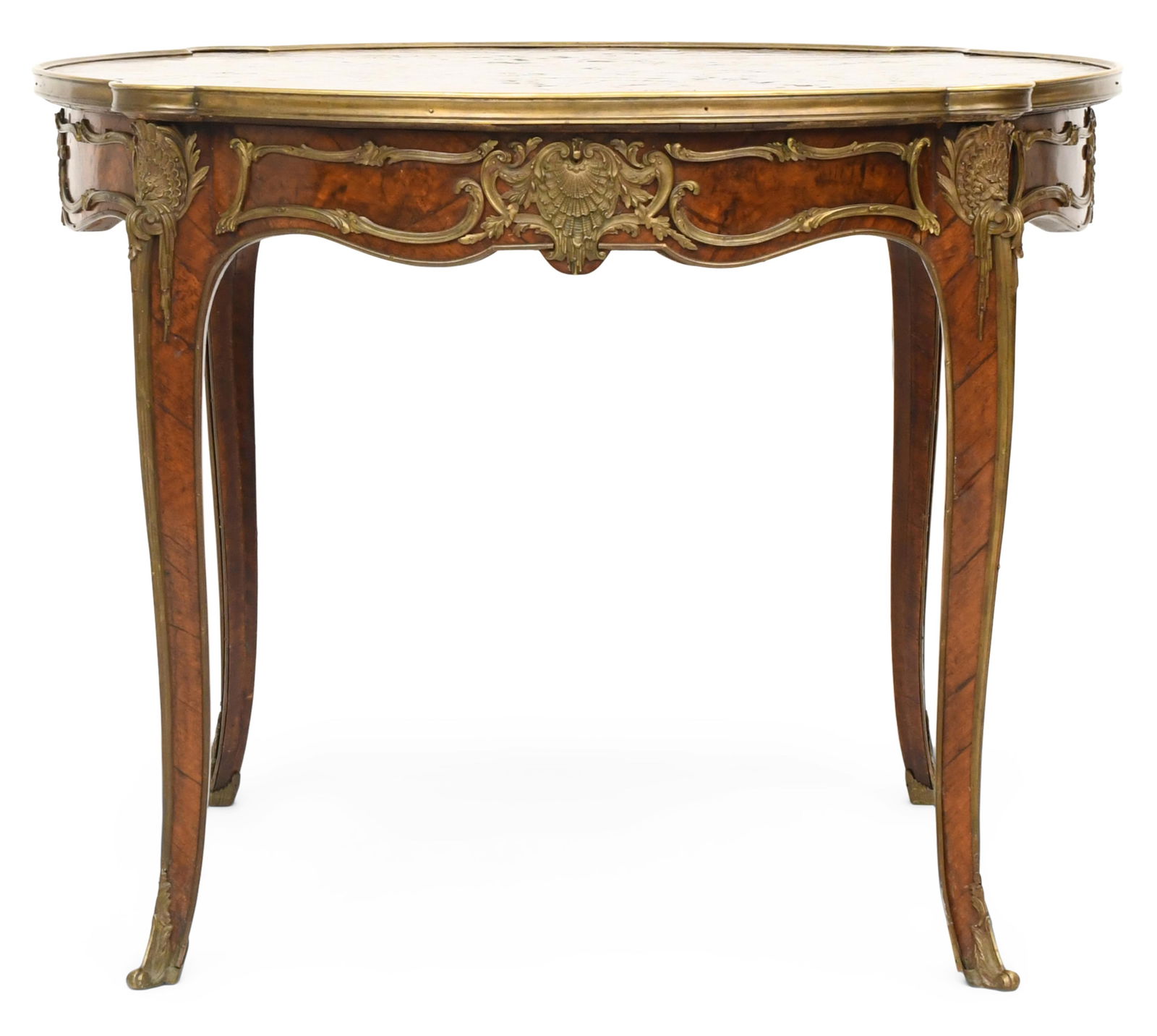 French Louis XV-Style Gilt Bronze-Mounted Burl Walnut Center Table: French Louis XV-Style Gilt Bronze-Mounted Burl Walnut Center Table late 19th century 31 x 40 inches Provenance: Private Collection, Boston, Massachusetts