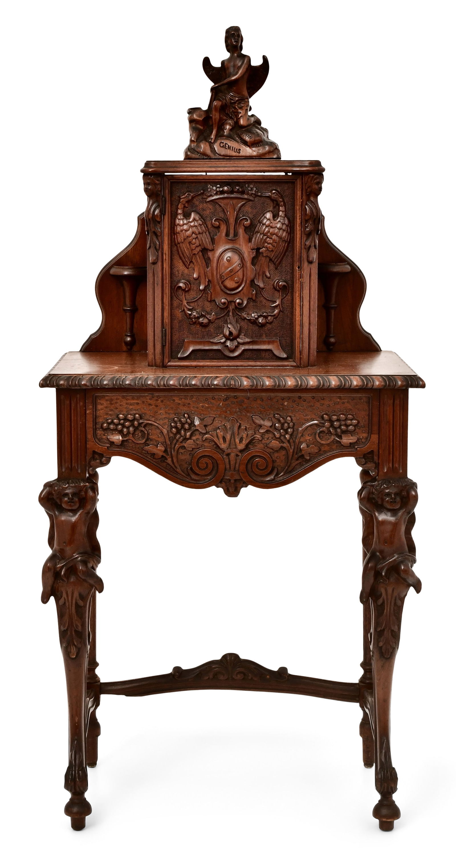 American Carved Walnut Telephone Stand: American Carved Walnut Telephone Stand early 20th century the top surmounted by a winged figure and inscribed "Genius," above two eagle carvings and a cartouche shield 51 x 23 1/2 x 14 inches 