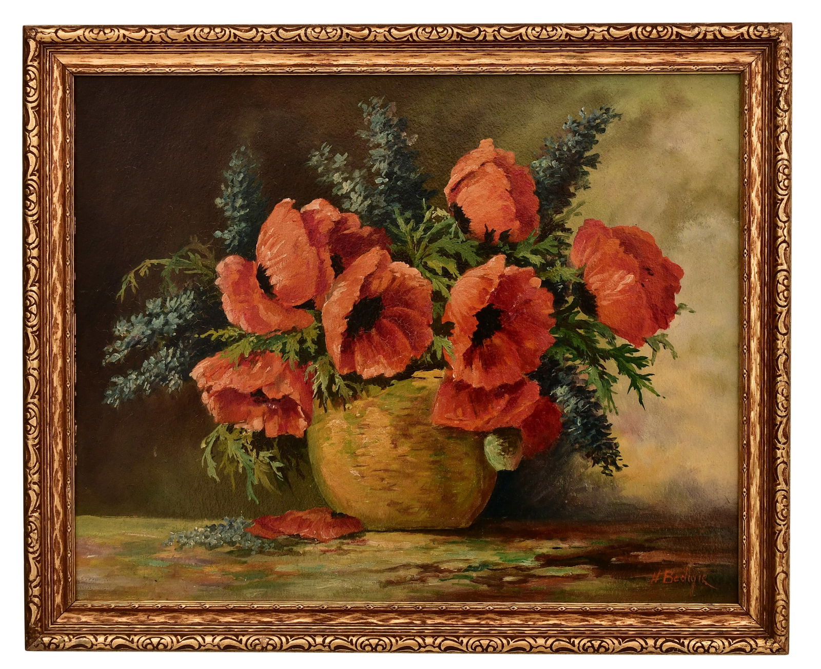 Henry Bedigie (American, Early 20th Century), Still Life with Poppy Flowers: Henry Bedigie (American, Early 20th Century) Still Life with Poppy Flowers oil on masonite signed "H. Bedigie" (lower left) 15 1/4 x 19 1/4 inches (sight) 18 1/2 x 22 1/2 inches (frame)