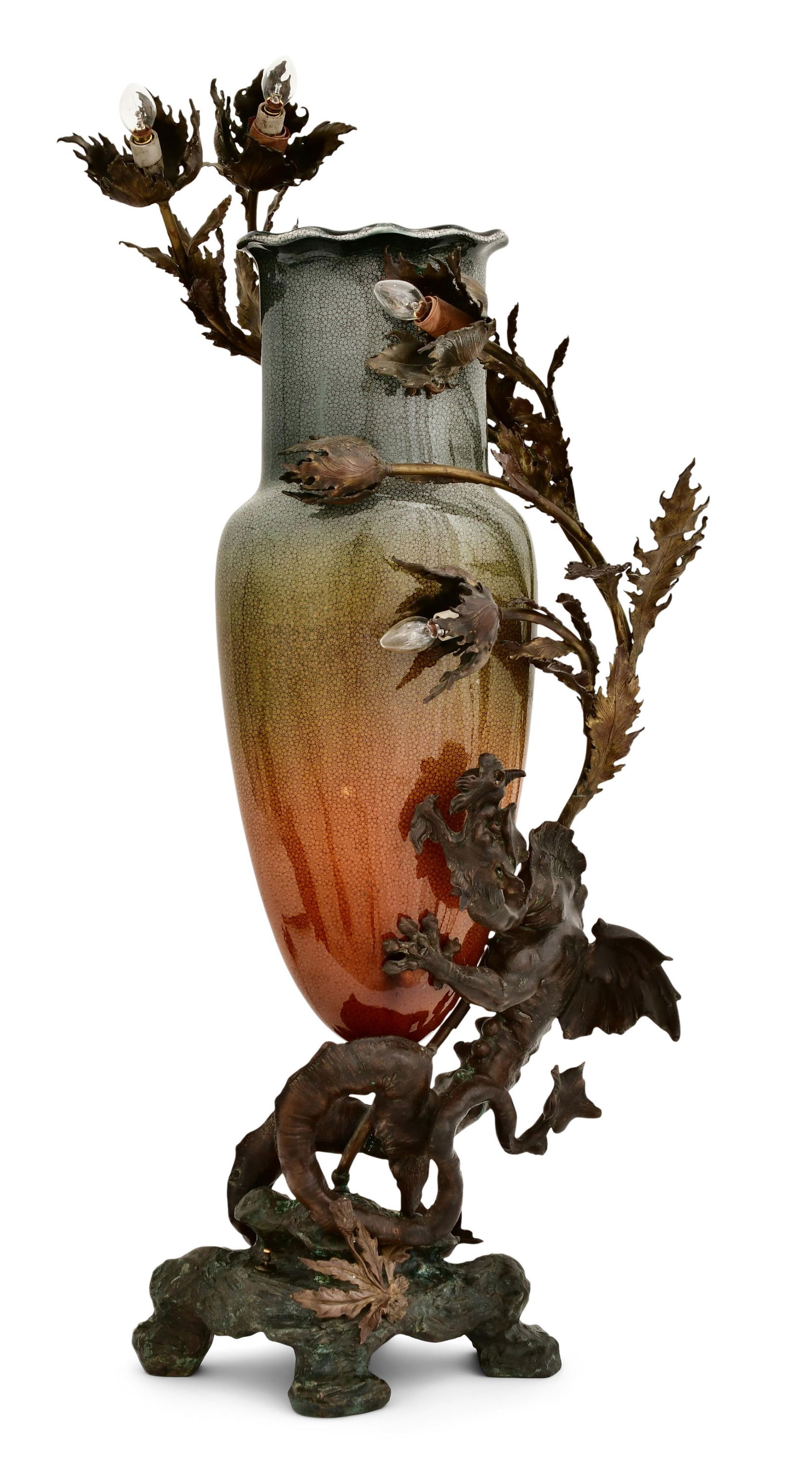 A Patinated Metal & Pottery Dragon Lamp: A Patinated Metal & Pottery Dragon Lamp 19th/20th century 34 3/4 x 16 3/4 x 9 inches