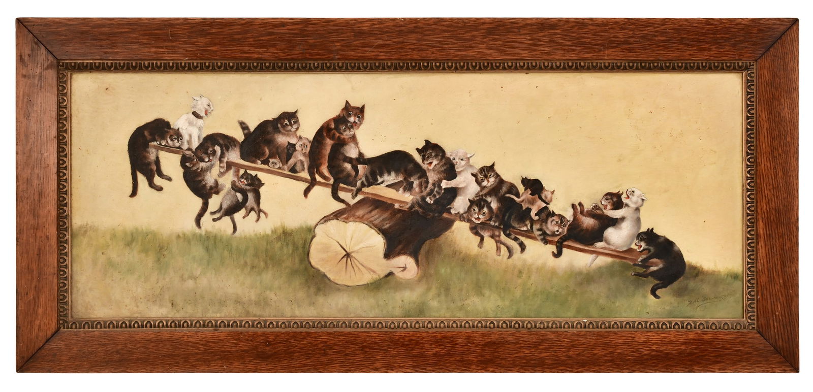 Cats on Seesaw, Oil on Canvas, Early 20th Century, Signed Lower Right: Cats on Seesaw, Oil on Canvas, Early 20th Century, Signed Lower Right 11 1/2 x 31 1/4 inches (sight) 16 1/2 x 36 1/2 inches (frame) Provenance: Private Collection, New Jersey