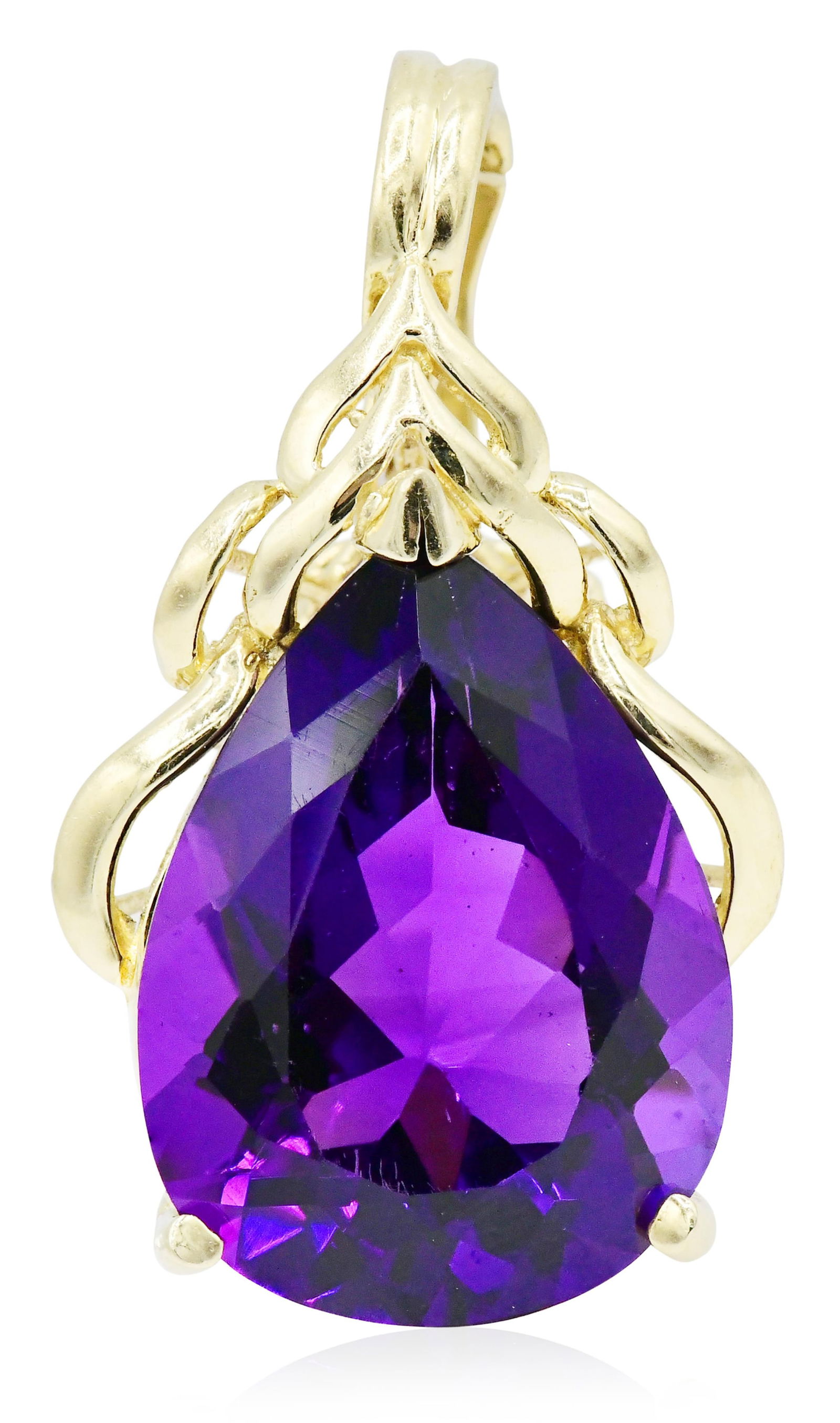JMT 14K Yellow Gold & Amethyst Pendant: JMT 14K Yellow Gold & Amethyst Pendant• featuring a 15.72 carat faceted pear shaped amethyst• 1 3/8 inches (length)• 5.1 dwt (total weight)Provenance: Private Collection, Rhode Islan