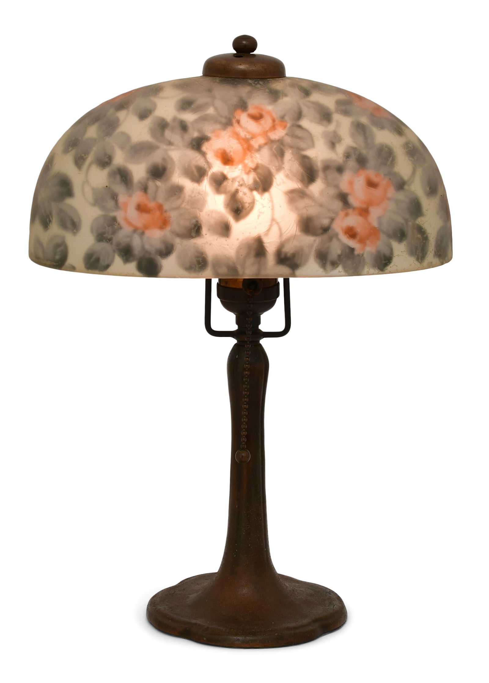 Handel "Rose" Boudoir Lamp: Handel Company(Connecticut/New York, 1885-1936)"Rose" Boudoir Lampearly 20th centuryreverse painted glass, patinated metalshade marked "Handel 6761" and artist signedbase marked "Handel"14 1/2 x 10 x