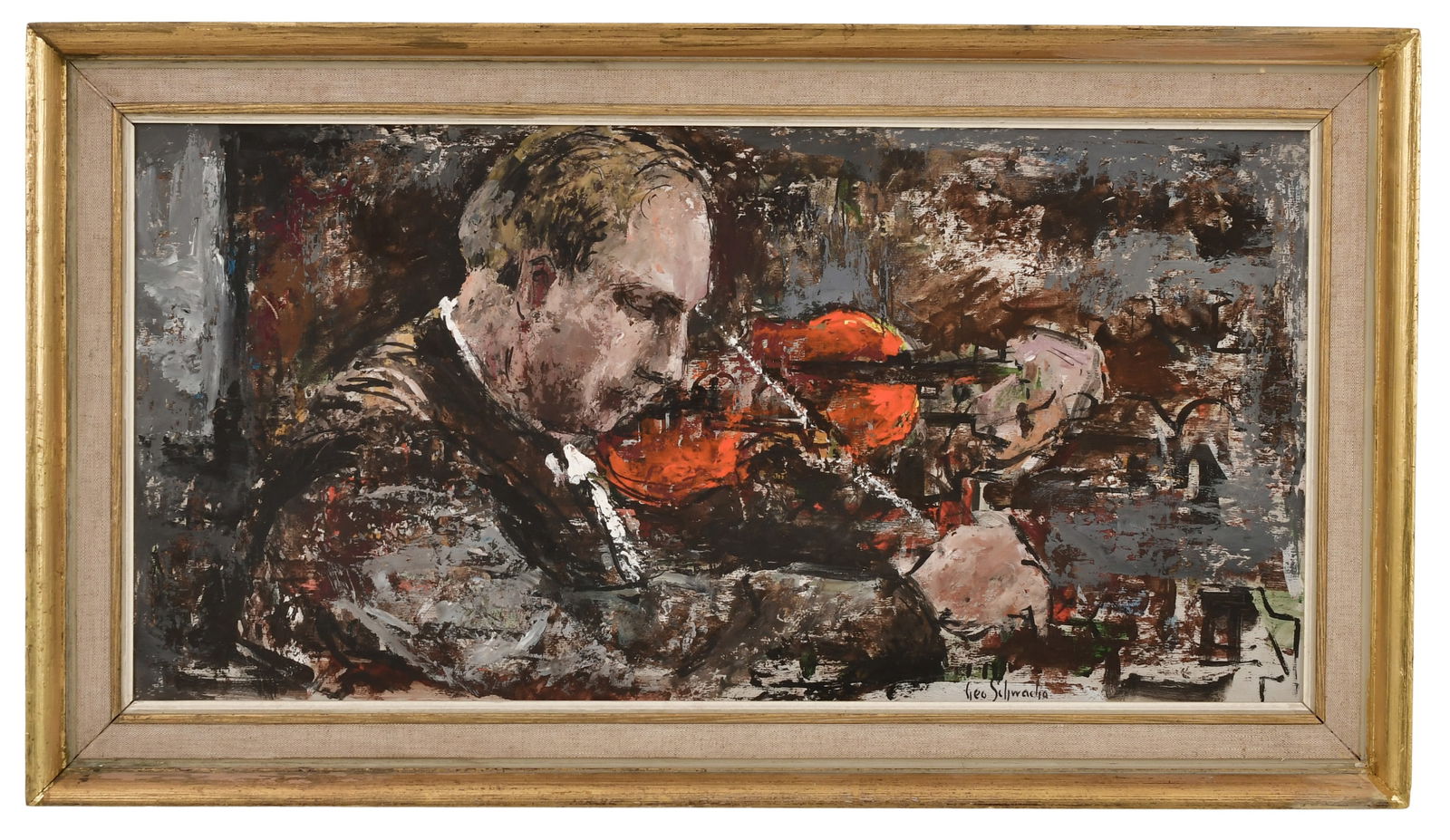 George Schwacha, Jr. (American, 1908-1986), Portrait of Isaac Stern, American Violinist: George Schwacha, Jr.(American, 1908-1986)Portrait of Isaac Stern, American Violinistoil on boardsigned "Geo. Schwacha" (lower right)11 1/4 x 23 inches (sight)15 1/4 x 27 inches (frame)Proven