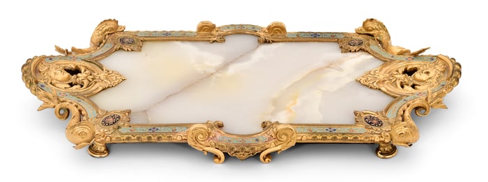 French Gilt Bronze, Onyx & Enamel Tray