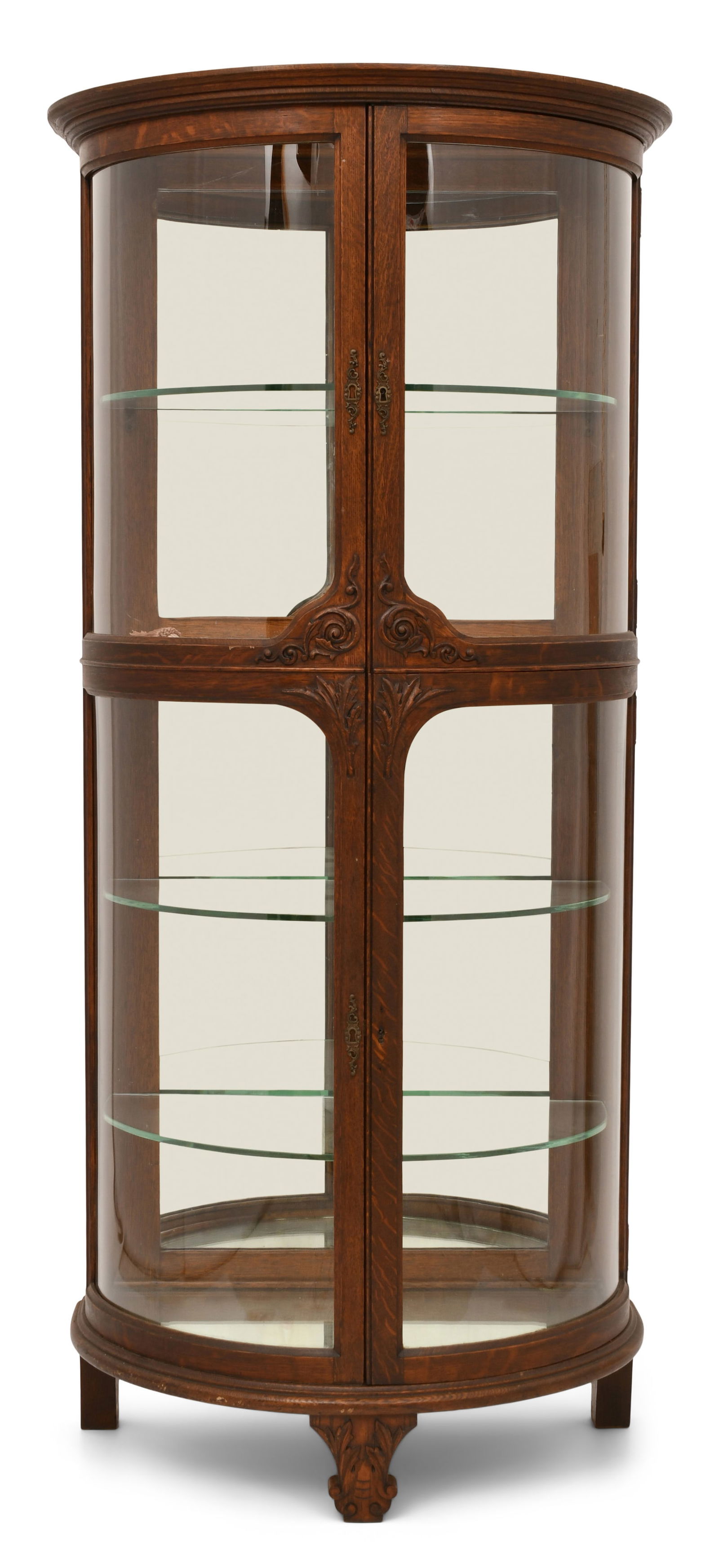 American Carved Oak & Curved Glass Curio Cabinet (1 of 6)