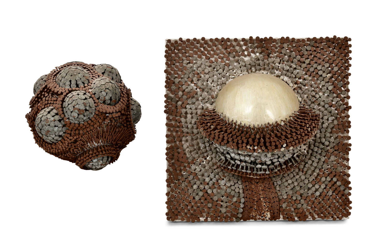 Oluf Gravesen (Dutch 1943-1987), Orb & Plaque Sculpture: Oluf Gravesen(Dutch 1943-1987)Orb & Plaque Sculpturemetal and nails12 x 12 x 4 1/4 inches (plaque)10 x 7 inchesProvenance: Private Collection, New Jersey