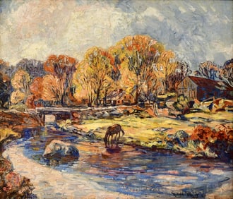 Richard Smith Daggy (American, 1892-1973), Autumn Landscape with Horse Drinking Water