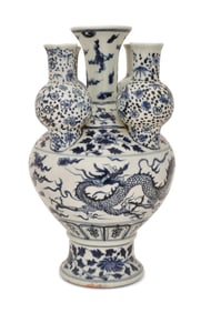 Chinese Blue & White Porcelain Dragon Five-Neck Vase
