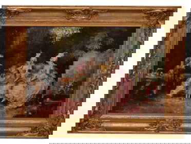 Continental Interior Scene with Elegant Figures, 20th Century, Signed Lower Right