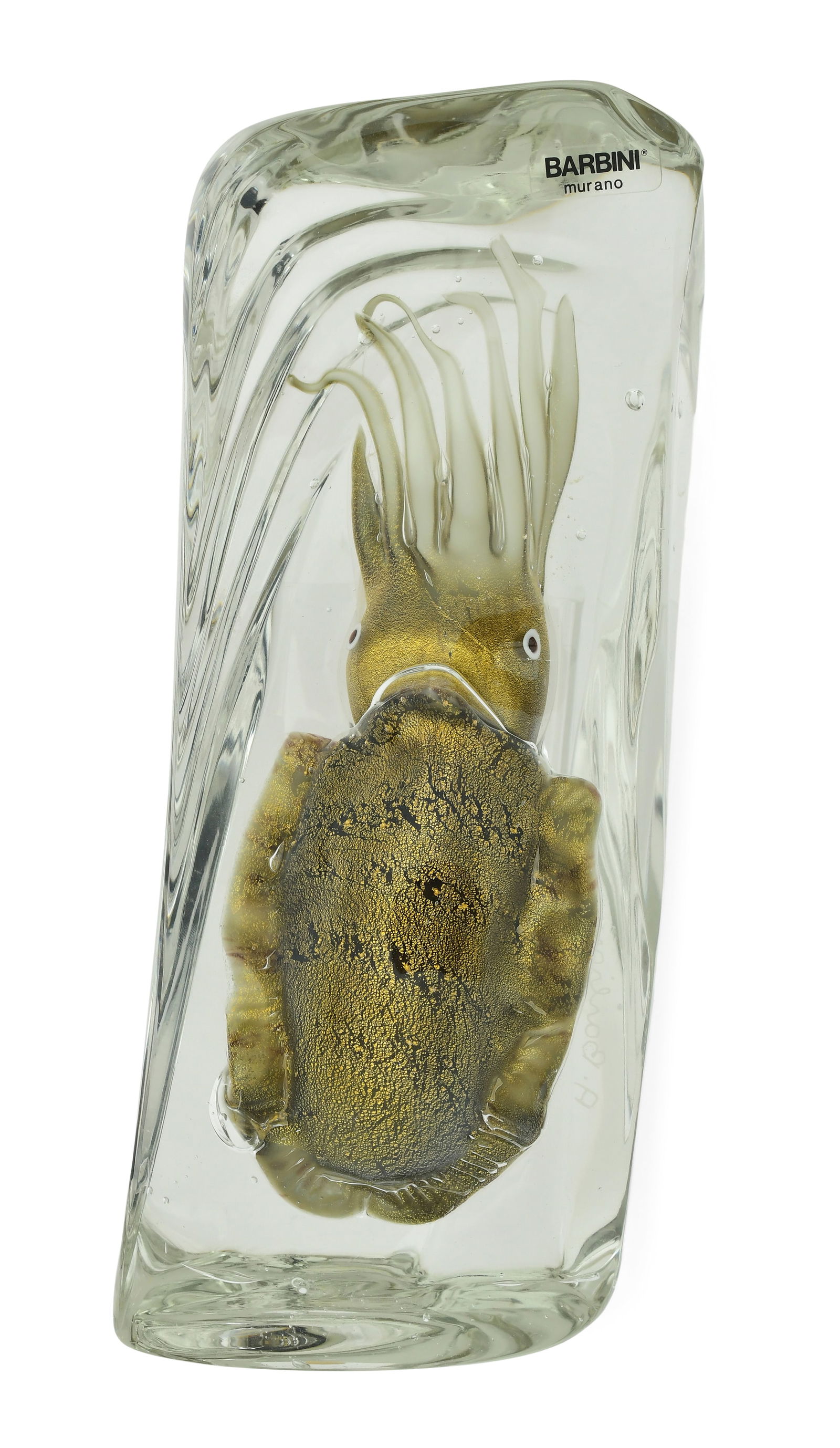 Alfredo Barbini (Italian, 1912-2007), Glass Aquarium Sculpture of a Cuttlefish: Alfredo Barbini (Italian, 1912-2007) Aquarium Sculpture of a Cuttlefish glass with gold inclusions and controlled bubbles signed "A. Barbini" 11 1/2 x 5 x 3 inches Provenance: Private Collection,