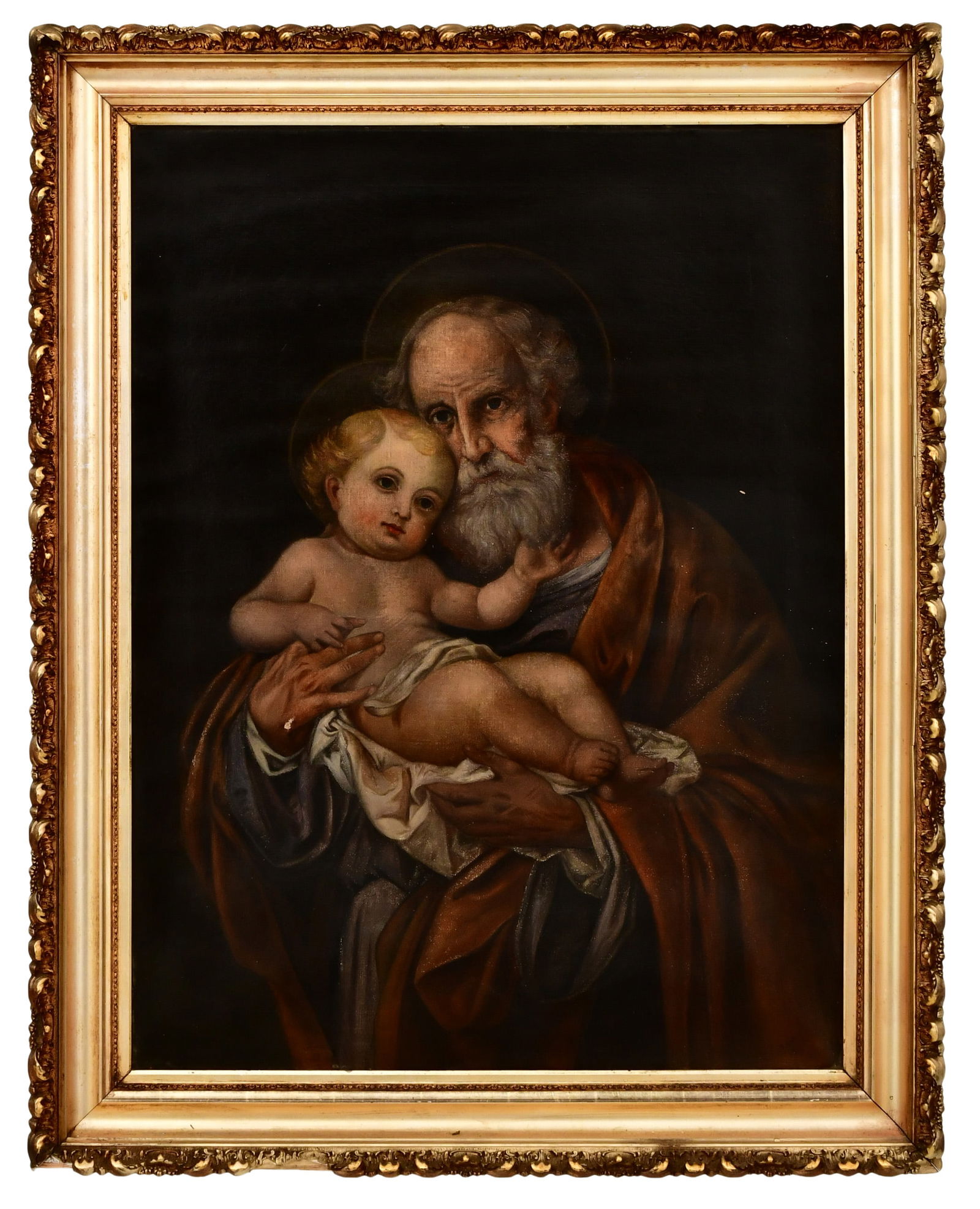 Saint Joseph & Baby Jesus, Oil on Canvas, 19th Century, Signed "S.N.D.": Saint Joseph & Baby Jesus, Oil on Canvas, 19th Century, Signed "S.N.D." 39 1/2 x 30 inches (sight) 47 1/2 x 38 inches (frame)