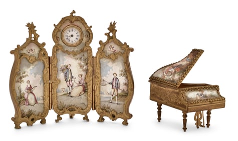 Viennese Enameled Cabinet Screen Clock & Piano Jewelry Box