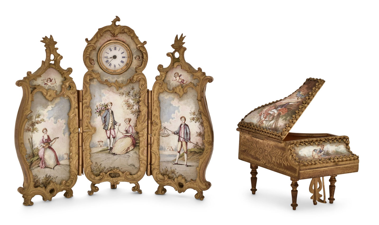 Viennese Enameled Cabinet Screen Clock & Piano Jewelry Box: Viennese Enameled Cabinet Screen Clock & Piano Jewelry Box circa 1900 4 3/4 x 5 1/4 inches (screen) 2 x 2 3/4 x 2 inches (piano) Provenance: Private Collection, Boston, Massachusetts Other Notes: