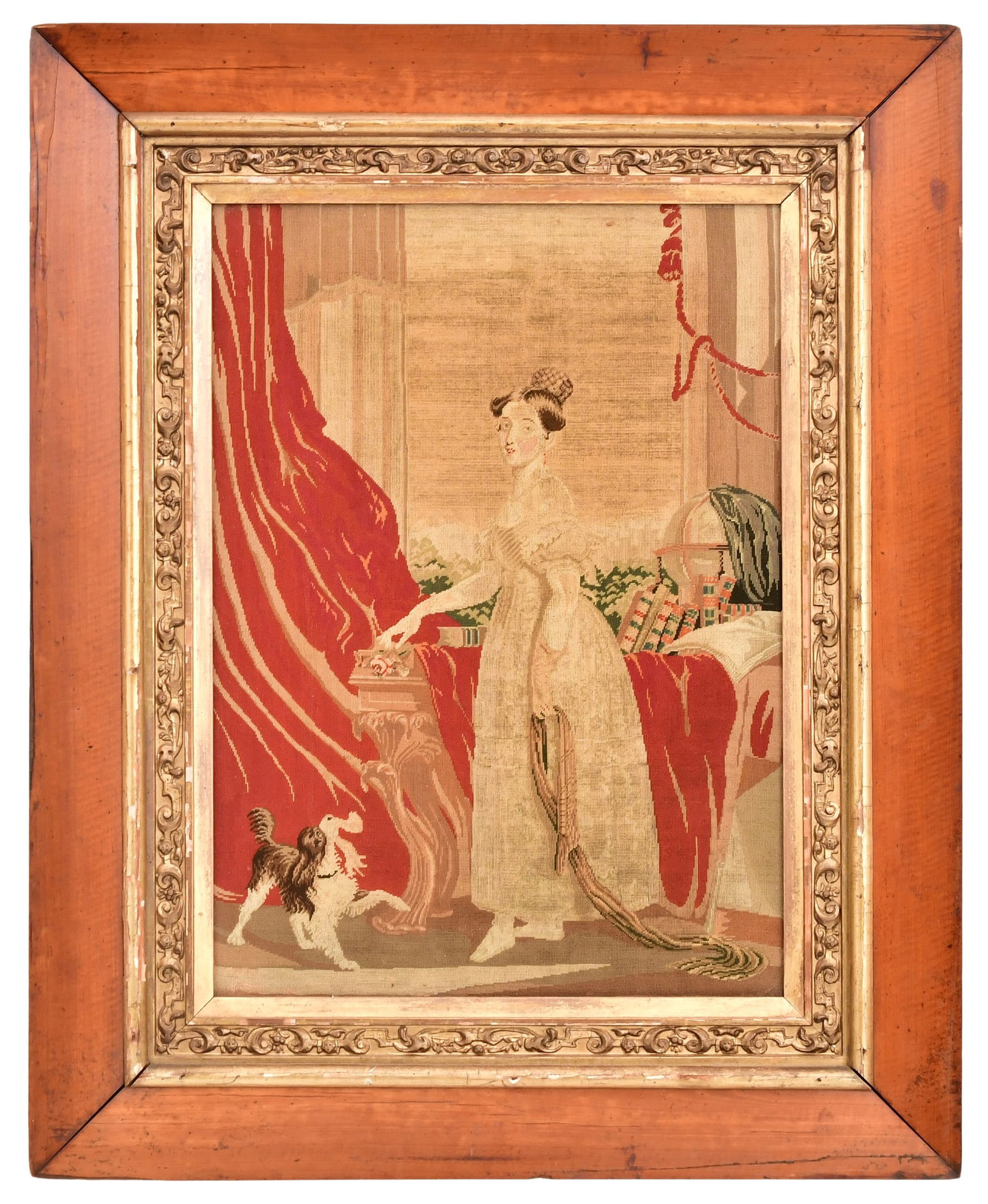 Victorian Embroidery Framed Tapestry of a Woman & Dog: Victorian Embroidery Framed Tapestry of a Woman & Dog 19th century 21 x 15 inches (sight) 31 x 25 inches (frame) Provenance: Private Collection, Pennsylvania