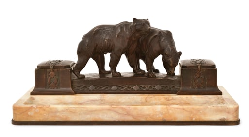 French Bronze & Marble Inkstand with Bears