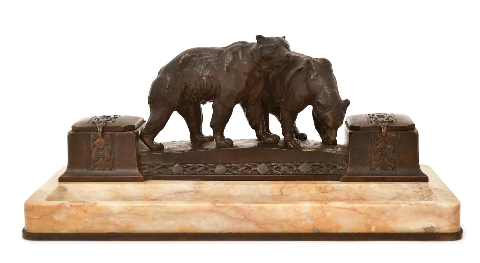 French Bronze & Marble Inkstand with Bears: French Bronze & Marble Inkstand with Bears late 19th century 6 3/4 x 15 x 7 inches Provenance: Private Collection, New Jersey