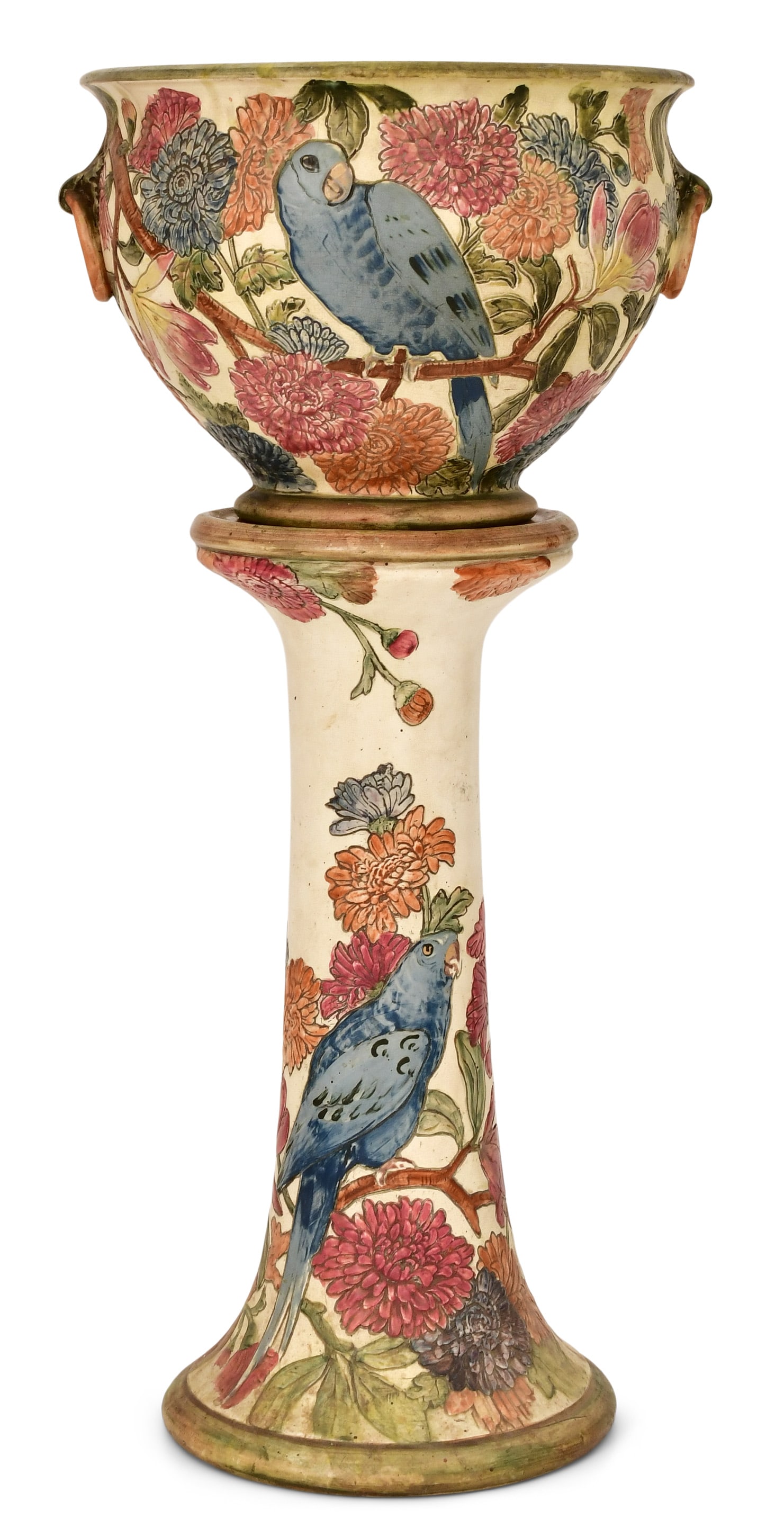 Weller Pottery "Parrot" Jardiniere & Pedestal: Weller Pottery "Parrot" Jardiniere & Pedestal circa 1920 earthenware unmarked 32 x 14 1/2 inches Provenance: Private Collection, New Jersey