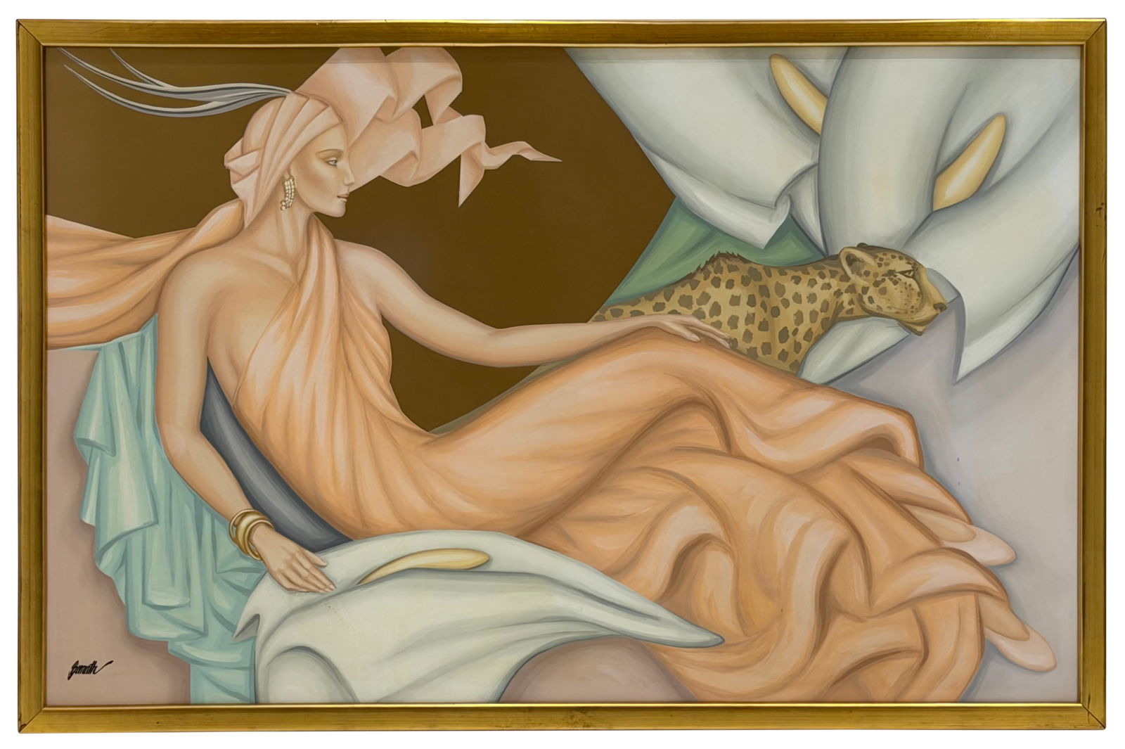 Istvan Bernath, Art Deco Woman with Panter, Acrylic on Board, Signed Lower Left: Istvan Bernath, Art Deco Woman with Panter, Acrylic on Board, Signed Lower Left 45 x 70 1/2 inches (sight) 48 1/2 x 74 1/2 inches (frame)