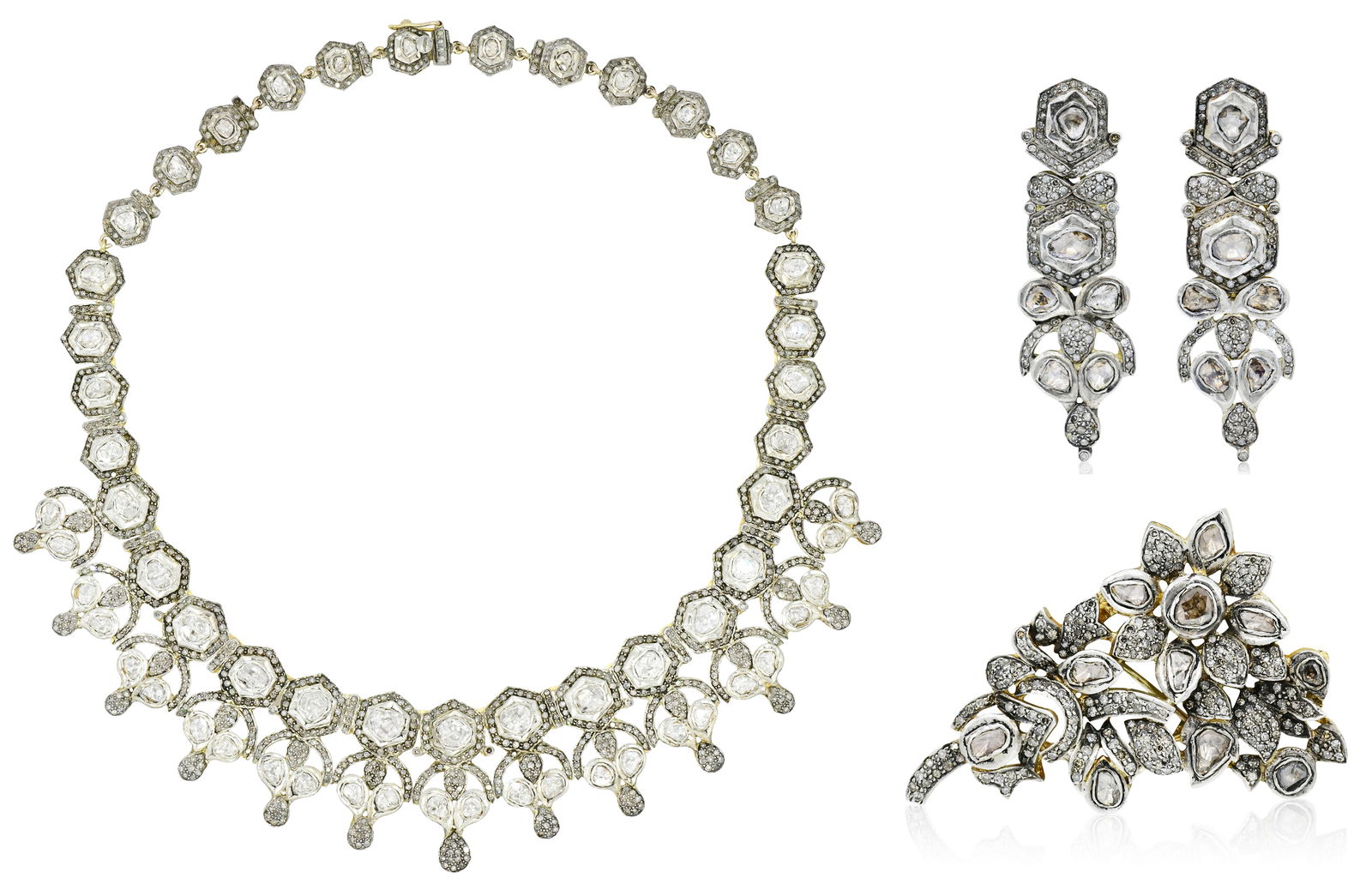 14K Yellow Gold, Sterling Silver & Diamond Jewelry Suite: 14K Yellow Gold, Sterling Silver & Diamond Jewelry Suite• the necklace, earrings and brooch set with rose cut diamonds• 17 1/2 inches (necklace length)• 2 3/16 inches (earrings