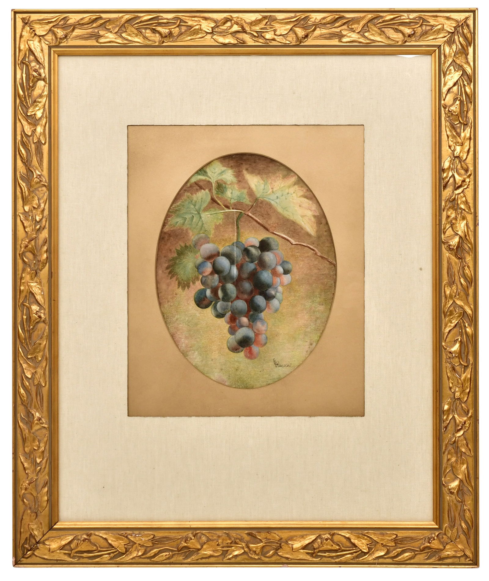 Severin Roesen (American, 1815-1872), Still Life with Grapes: Severin Roesen (American, 1815-1872) Still Life with Grapes watercolor on paper signed "E. Roesen" 13 x 9 3/4 inches (sight) 30 3/4 x 25 3/4 inches (frame)