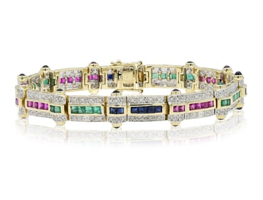 14K Gold, Diamond, Sapphire, Ruby & Emerald Link Bracelet
