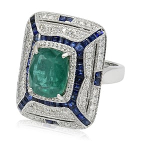 18K White Gold, Emerald, Sapphire & Diamond Art Deco Ring