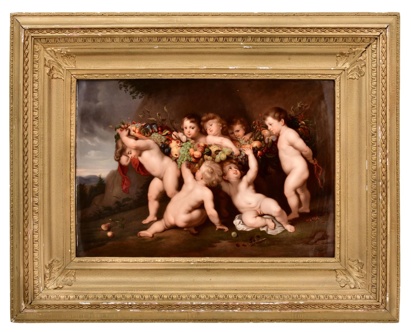 A Large Berlin (KPM) Porcelain Plaque, "The Garland of Fruit": A Large Berlin (KPM) Porcelain Plaque, "The Garland of Fruit"late 19th centuryafter the painting by Peter Paul Rubens (1577-1640), impressed "K.P.M." with scepter mark, stamped "Wimmer & Co., Gallery