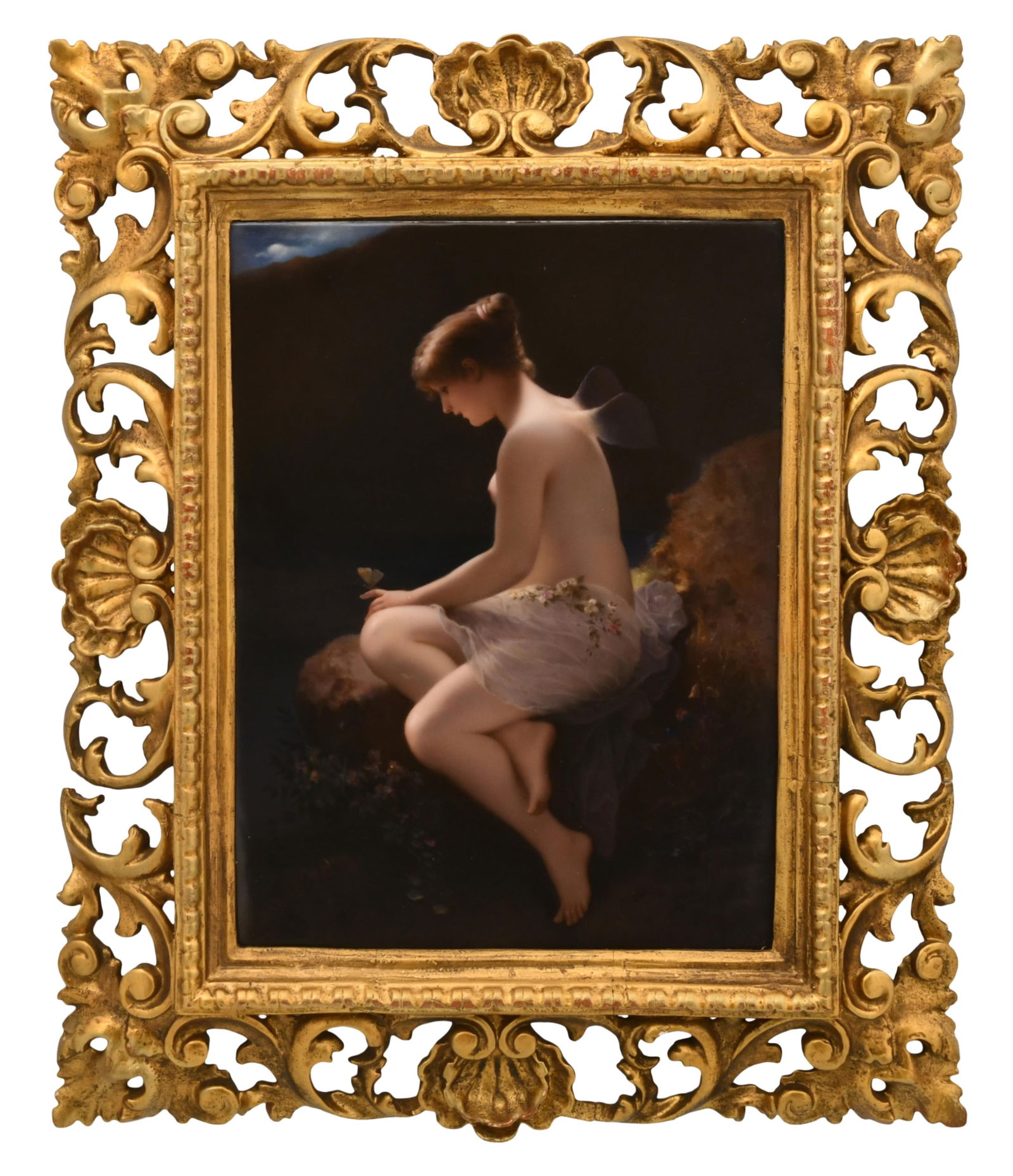 A Large Berlin (KPM) Porcelain Plaque, "Psyche": A Large Berlin (KPM) Porcelain Plaque, "Psyche"late 19th centuryafter the painting by Wilhelm Kray (1828-1889), depicting Psyche seated with a dragonfly on her finger, impressed "K.P.M." with scepter